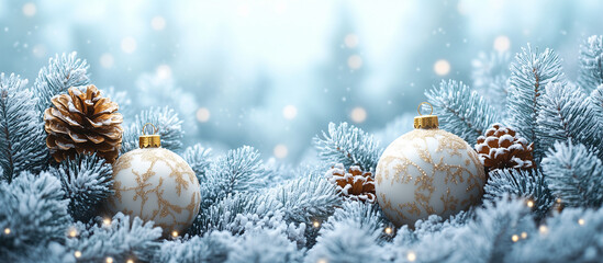 Wall Mural - christmas blue ornaments and spruce tree close up, snow bokeh background. merry christmas and happy 