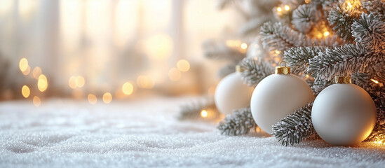 Wall Mural - christmas white ornaments and spruce tree close up, snow bokeh background. merry christmas and happy