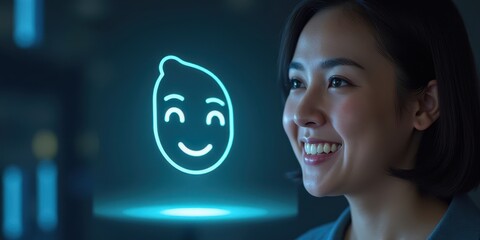 Poster - Smiling Woman with AI Assistant Displaying Emoticon