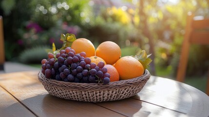 Poster - A vibrant fruit basket featuring oranges and grapes placed on a wooden table in a lush outdoor garden during golden hour