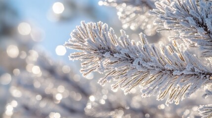 Poster - A close-up view of snow-covered pine branches glistening under the winter sun in a serene landscape