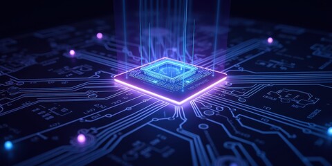 Poster - Futuristic Circuit Board with Glowing Processor Elements