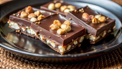 Poster - Chocolate squares topped with hazelnuts and a layer of white chocolate, arranged on a dark plate, the background out of focus