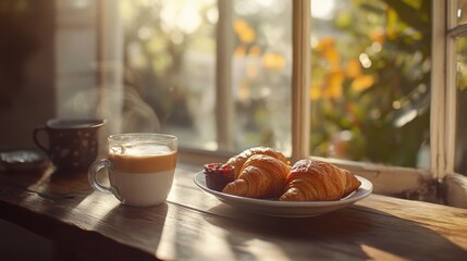 Poster - A delightful classic French breakfast with croissants and coffee served on a sunny morning near a window