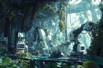 Fototapete - A futuristic lab with robotic arms and lush greenery blending technology and nature in an advanced research facility