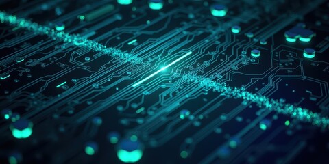 Poster - Abstract Circuit Board with Neon Glow and Water Drops