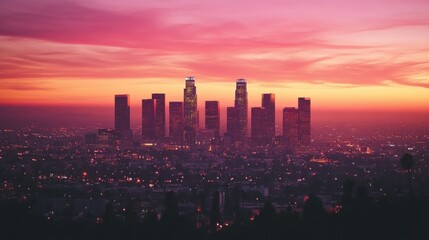 Aufkleber - A vibrant city skyline illuminated by dusk's glow with towering buildings and a colorful sky reflecting urban life