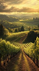 Poster - A golden sunset illuminates lush vineyards in rolling hills, showcasing nature's beauty and agricultural bounty