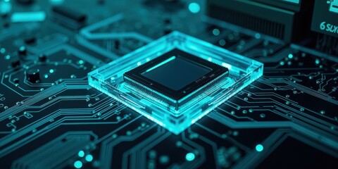 Poster - Futuristic Circuit Board with Microchip Technology