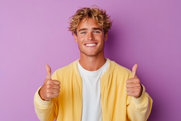 Man in a yellow jacket is giving a thumbs up. He is smiling and he is happy