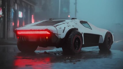 Poster - futuristic sports car with glowing red lights in cyberpunk city for automotive content. urban night 