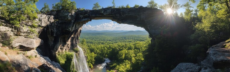 Aufkleber - Majestic natural arch overlooking a lush forest landscape with a cascading waterfall under a bright sky