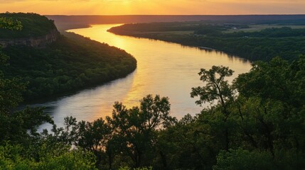 Aufkleber - A stunning sunset view over the winding Mississippi River surrounded by lush greenery and hills