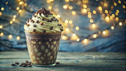 Poster - A Delicious Iced Coffee with Whipped Cream and Chocolate Drizzle, Adorned with Sprinkles, Set Against a Background of Warm, Festive Lights