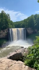 Poster - A stunning view of Cumberland Falls cascading over cliffs surrounded by lush greenery on a sunny day