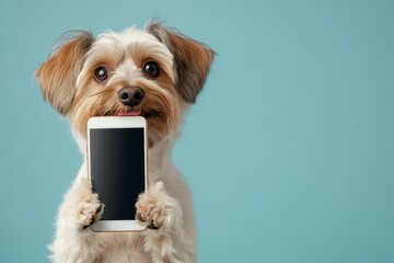 small dog is holding a cell phone in its mouth. the dog appears to be holding the phone up to its fa