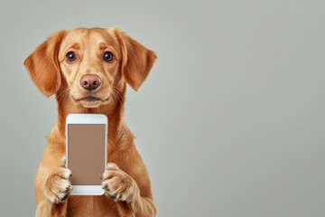 Dog is holding a cell phone in its mouth. The dog is brown and has a big smile on its face