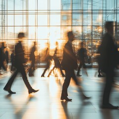 Poster - People in business attire walking through a bustling office lobby during sunset, creating a dynamic atmosphere