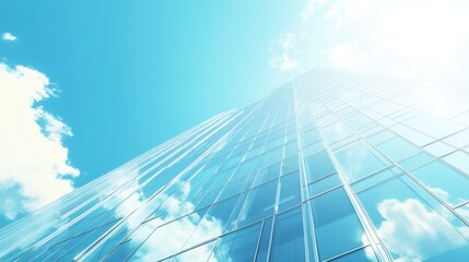 Leinwandbilder - Looking up at a modern glass skyscraper under a bright blue sky with fluffy clouds in the afternoon light