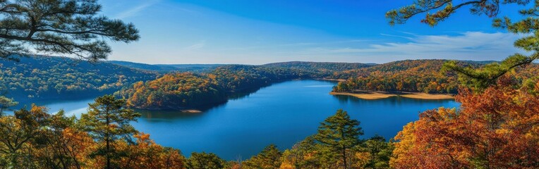 Aufkleber - Stunning autumn landscape view from Oak Mountain State Park with vibrant foliage and serene lake beneath clear blue sky