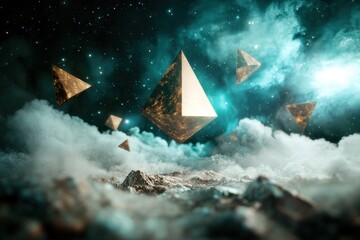 Wall Mural - futuristic digital art of floating pyramids in landscape