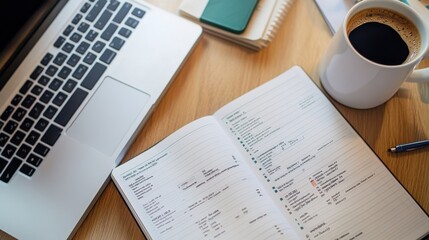 Poster - Overhead view of a busy workspace featuring a laptop, coffee, notes, and stationery during a productive morning
