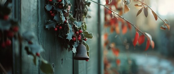 Holly and berries with a small bell adorn a rustic wooden door, invoking a festive charm and the spirit of the holiday season.