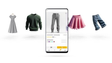 Wall Mural - Shopping, e-commerce, application and sales theme. Clothing that passes through the phone and products that are on sale.