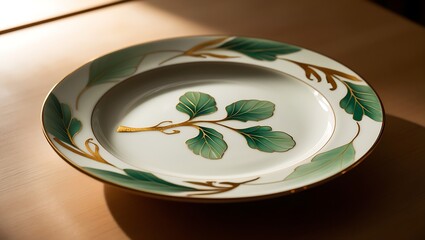 Wall Mural - A white porcelain plate with a green and gold leaf design.