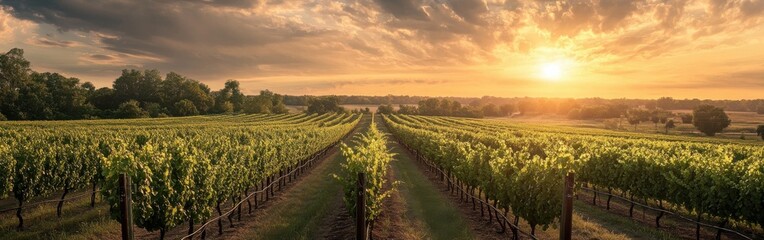 Poster - A breathtaking sunset over lush vineyards in a serene landscape, capturing the beauty of nature and winemaking in the golden hour