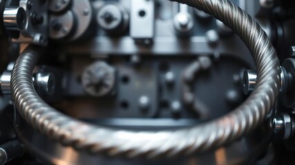 A close-up shot of a metallic coil background with shiny, reflective surfaces, background, machinery, pattern