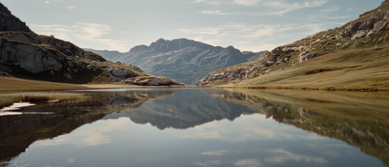 A serene alpine lake perfectly mirrors surrounding mountains, while soft light illuminates the tranquil scene with natural beauty.