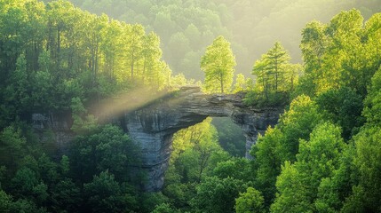 Poster - Morning light casts a golden glow over the natural bridge in Red River Gorge, surrounded by vibrant green trees