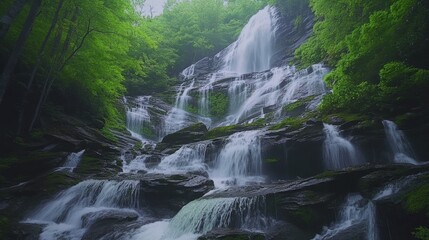 Poster - Amicalola Falls cascading through lush greenery, presenting a serene natural wonder in the heart of Georgia