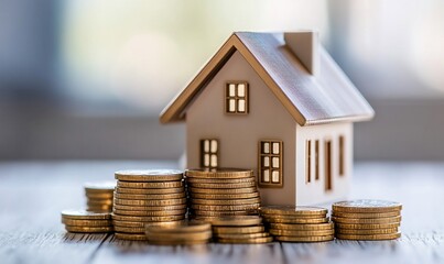 A small house model sits on a stack of gold coins, symbolizing the financial cost of homeownership.