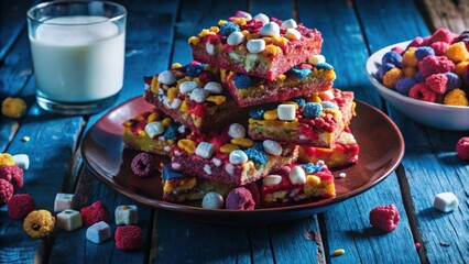 Poster - A stack of colorful squares topped with marshmallows, sprinkles, and candies, served on a brown plate with a glass of milk and scattered candies on a wooden table.