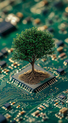 Poster - Tree growing from a computer microchip on a circuit board symbolizes the concept of green technology