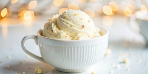 Poster - A close-up shot of a cup of vanilla ice cream with a blurred background of golden bokeh lights.