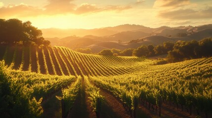Poster - A breathtaking sunset over a sprawling vineyard in California, showcasing rows of ripening grapes and rolling hills
