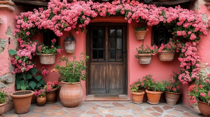 Pink Flowers Blooming Over a Rustic Doorway