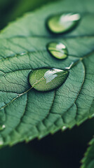 Poster - Close-up photography of raindrops reflecting light on a green leaf surface