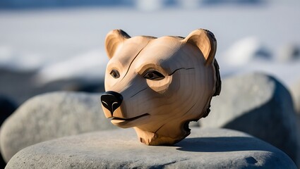 A wooden carving of a bear's head sits on a rock with a blurry background of a frozen landscape.