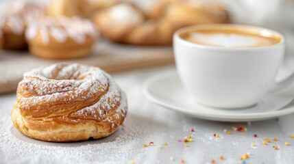 Wall Mural - A delicious pastry dusted with powdered sugar, accompanied by a steaming cup of coffee, perfect for a cozy snack or breakfast.