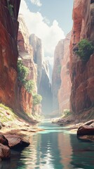 Poster - A tranquil narrow canyon with crystal-clear waters and towering red rock formations under a bright sky in midday sunlight
