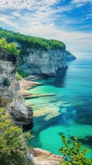 Poster - A tranquil afternoon along the stunning shoreline of Pictured Rocks National Lakeshore showcasing vibrant waters and towering cliffs