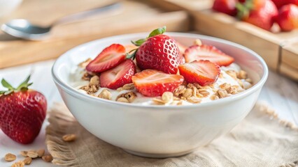Poster - A bowl of yogurt topped with granola and fresh strawberries, a healthy and delicious breakfast option.