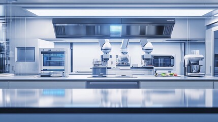 Aufkleber - A sterile, futuristic kitchen with robotic arms and appliances.