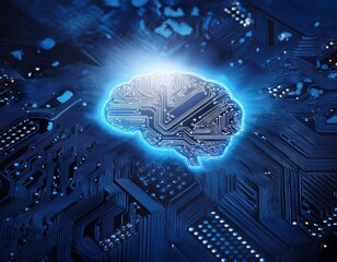 Poster - Intricate Circuit Board With Illuminated Brain Symbol Representing Artificial Intelligence Technology Development in a Modern Setting