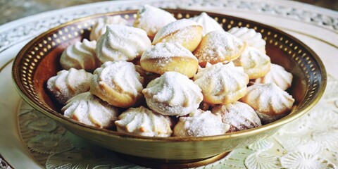 Aufkleber - A bowl filled with delicate pastries dusted in powdered sugar, a classic and elegant treat