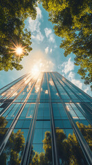 Canvas Print - Sun shining on a modern glass office building framed by trees with a blue sky and clouds in the background